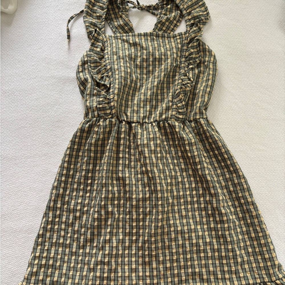 Green and Yellow Checkered Sleeveless Mini Sundress